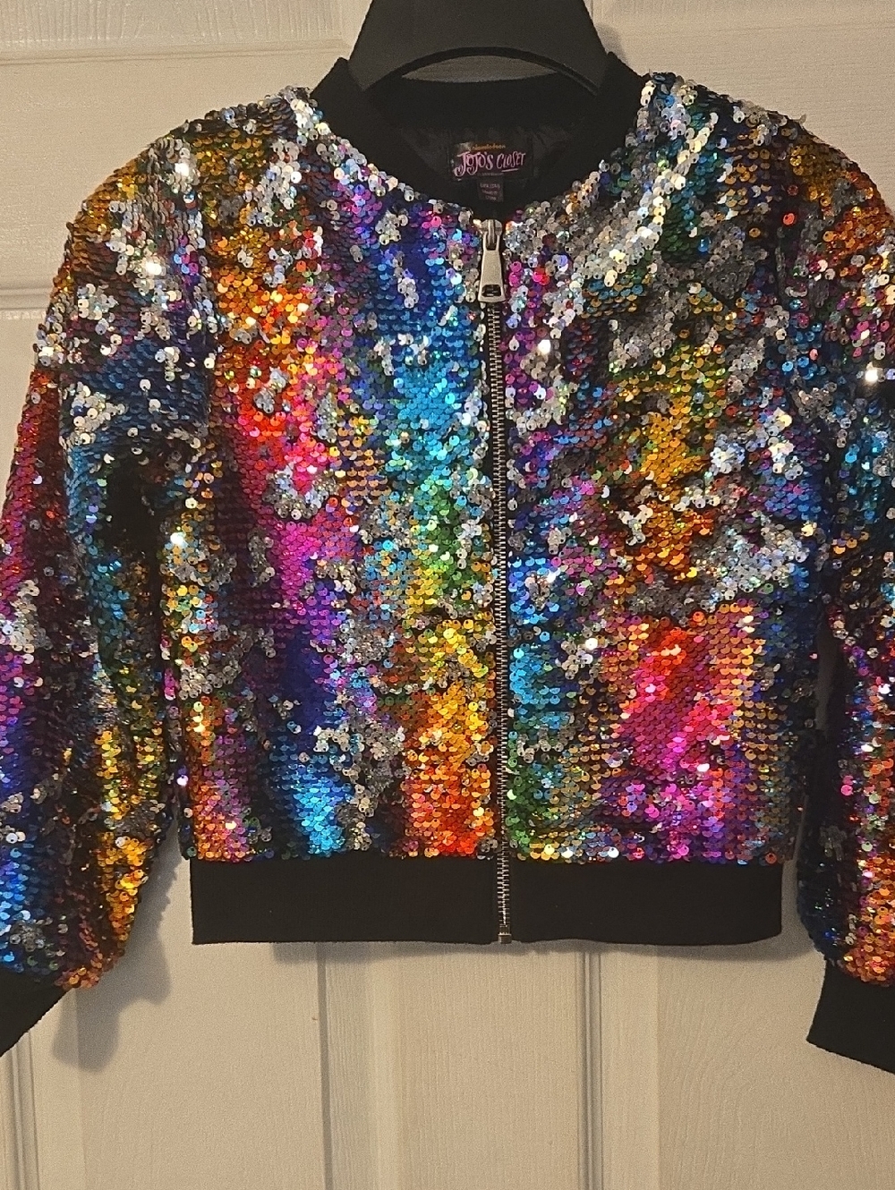 JoJo Siwa Rainbow Sequin Zip Bomber Jacket - Black Trim